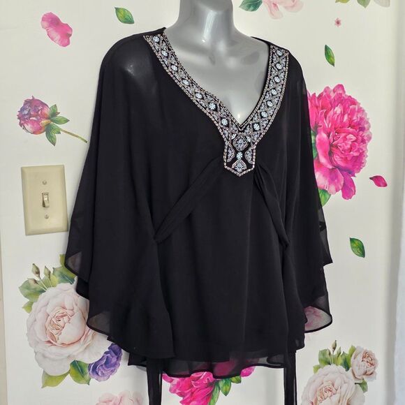 White House Black Market Size XS Dressy Capelet Chiffon Blouse Embroidered - Picture 2 of 7